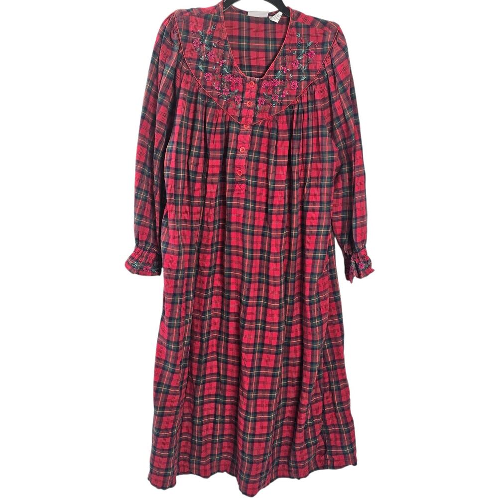 VTG Smithsonian Institution Women XL Nightgown Plaid Floral Embroidered Cottage